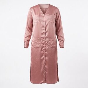 Womens Pink/ Peach Satin Button Front House Coat Dress Pockets Heart Buttons M